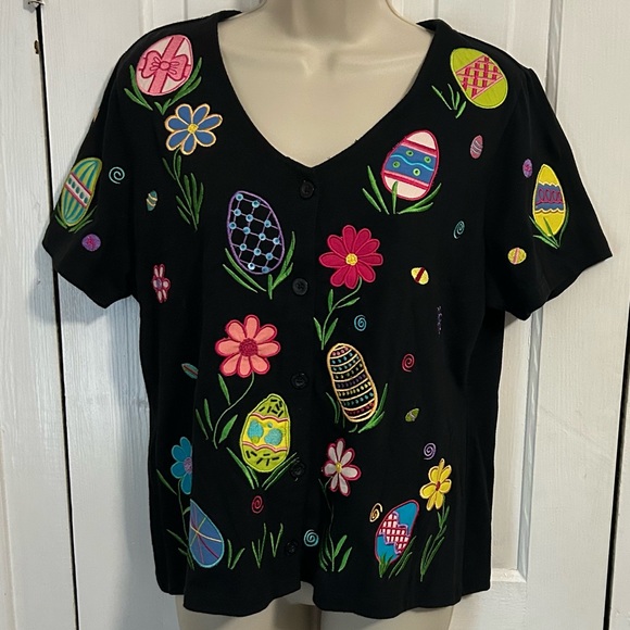 Michael Simon Light Easter Button Down Blouse Medium Black K2 - Picture 1 of 6